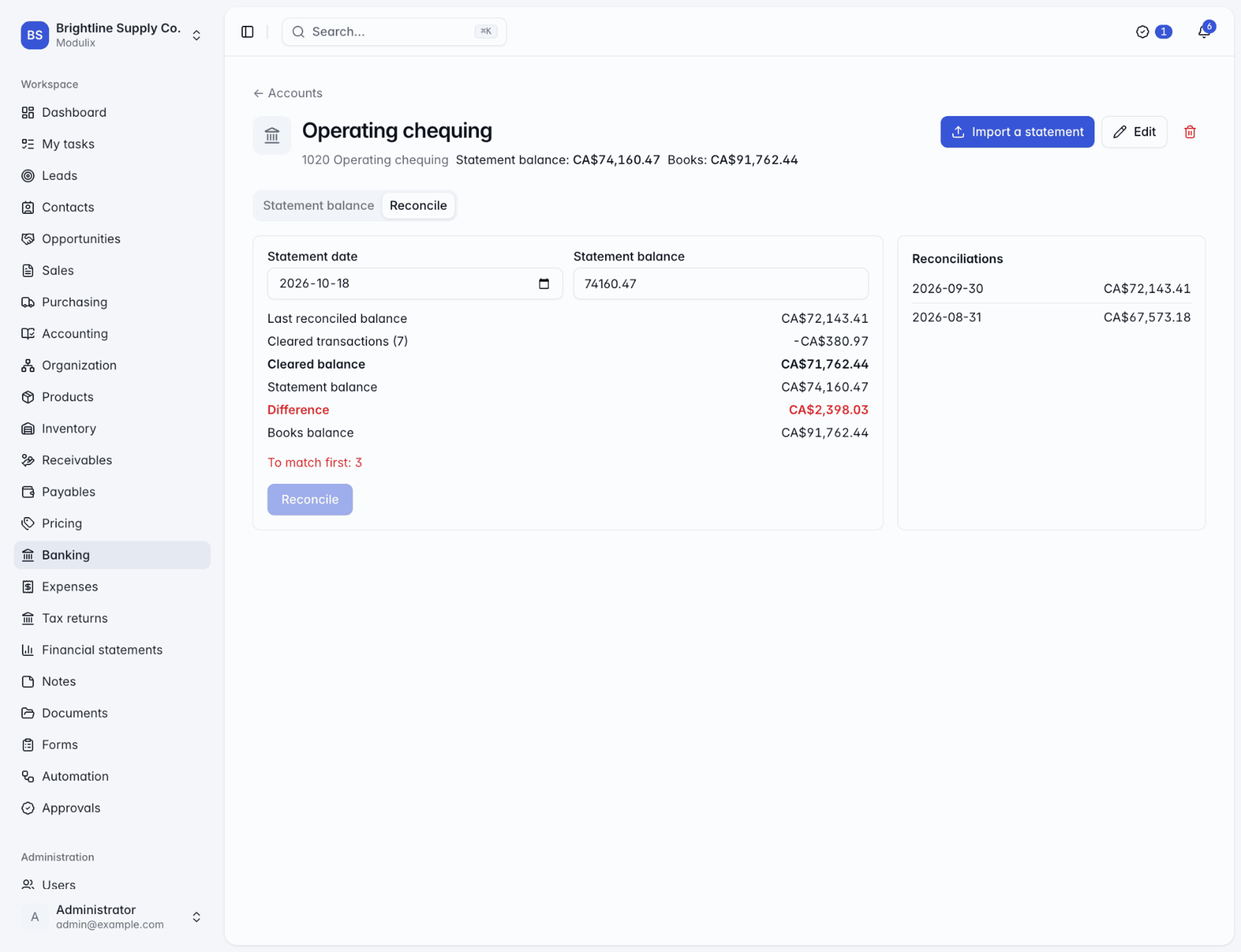 The Reconcile tab of a bank account with the cleared balance, statement balance and remaining difference