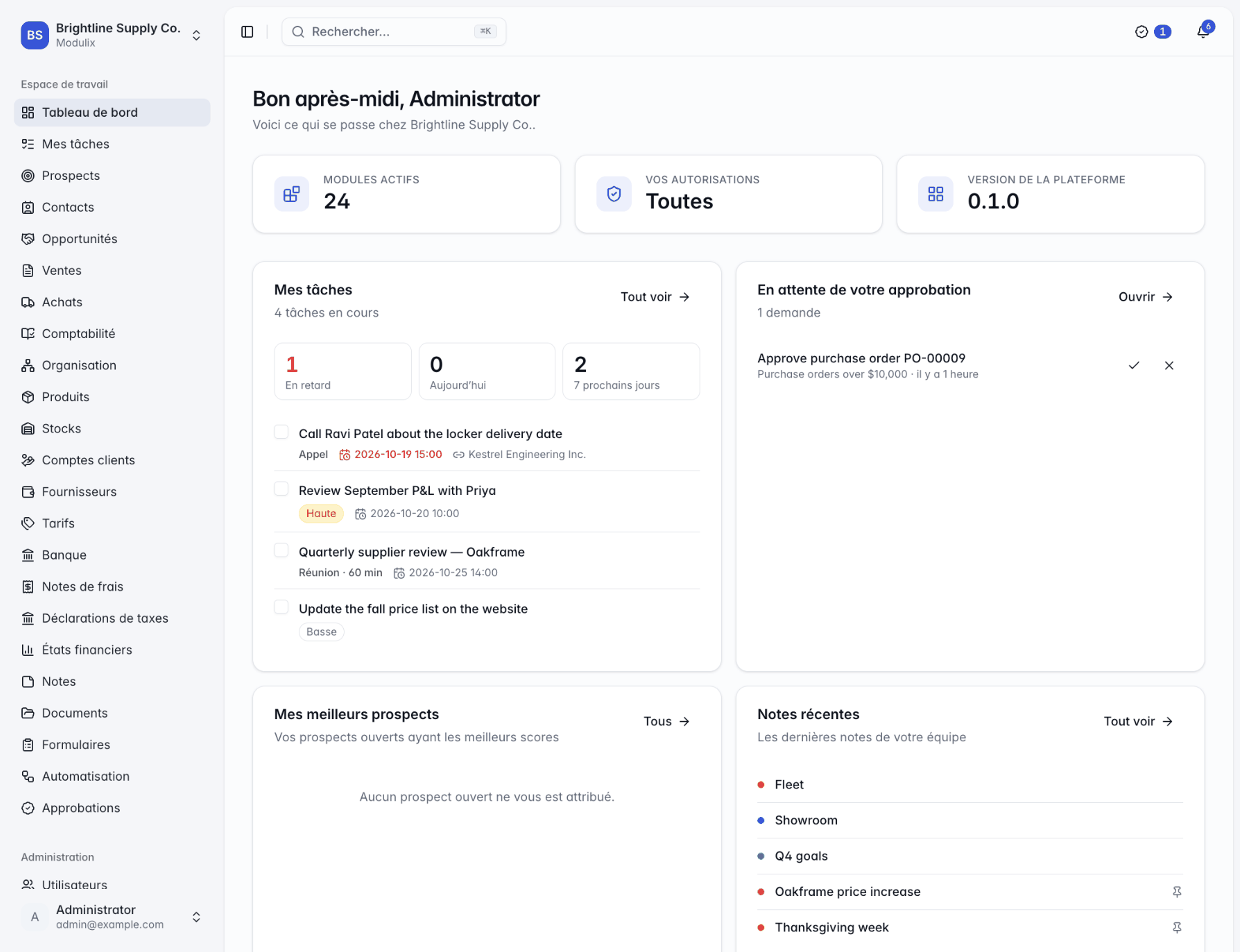 The Modulix dashboard displayed in French, with the sidebar and widgets translated