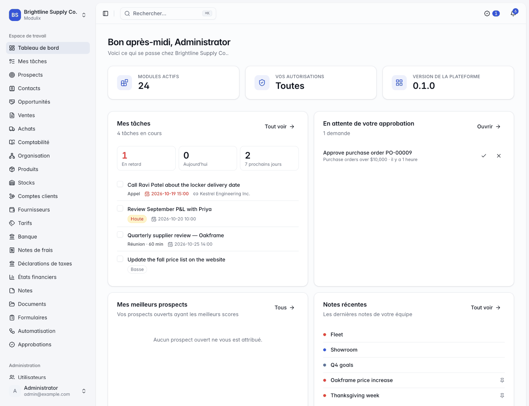 The Modulix dashboard displayed in French, with the sidebar and widgets translated