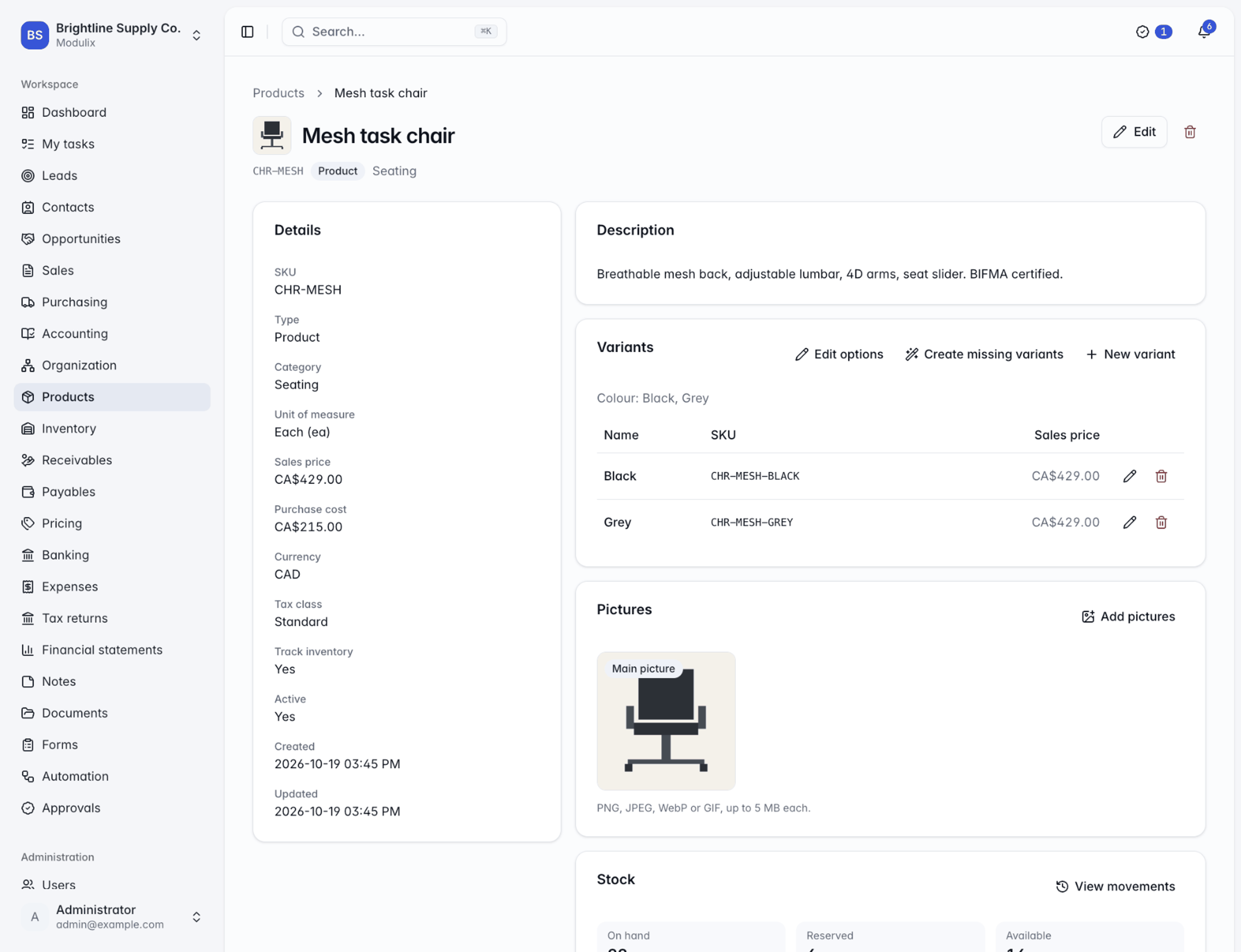 A product page with its details, variants, pictures and stock