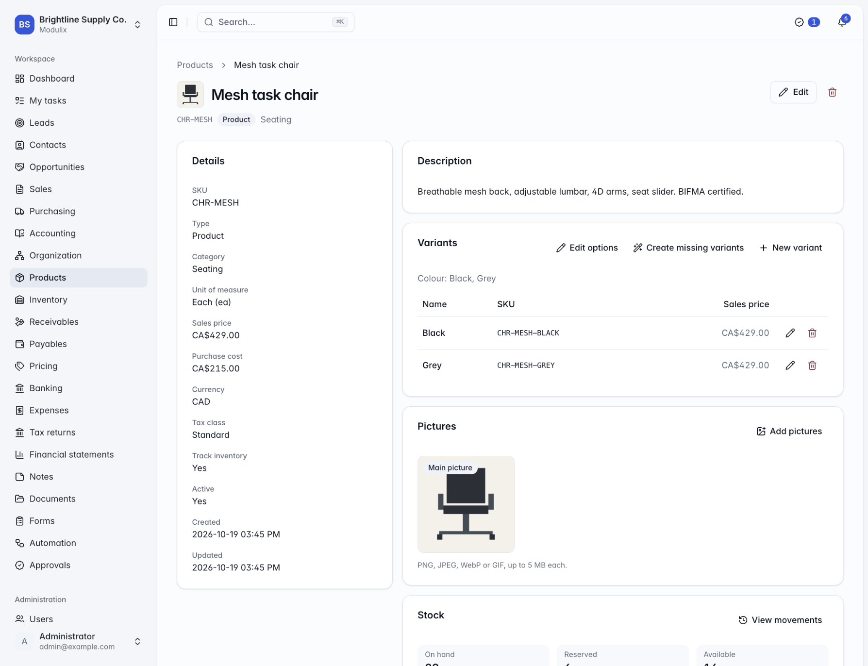 A product page with its details, variants, pictures and stock