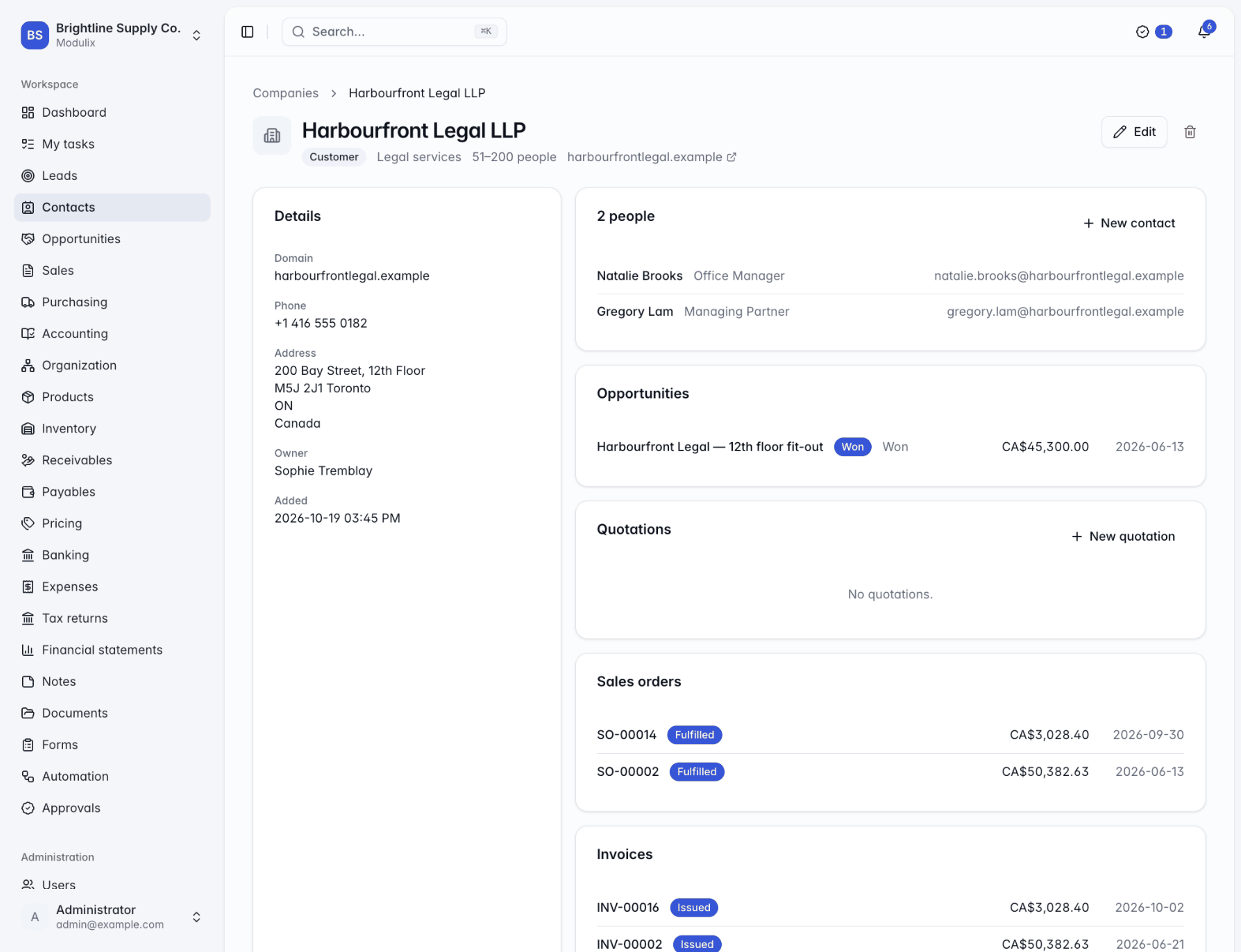 A company page with its details, people, opportunities, sales orders and invoices