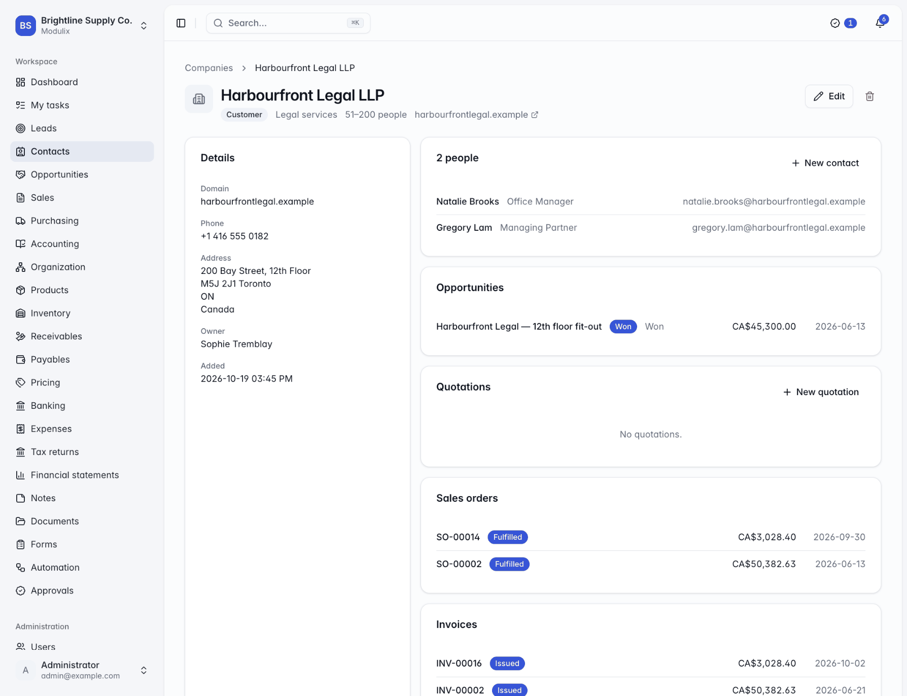 A company page with its details, people, opportunities, sales orders and invoices