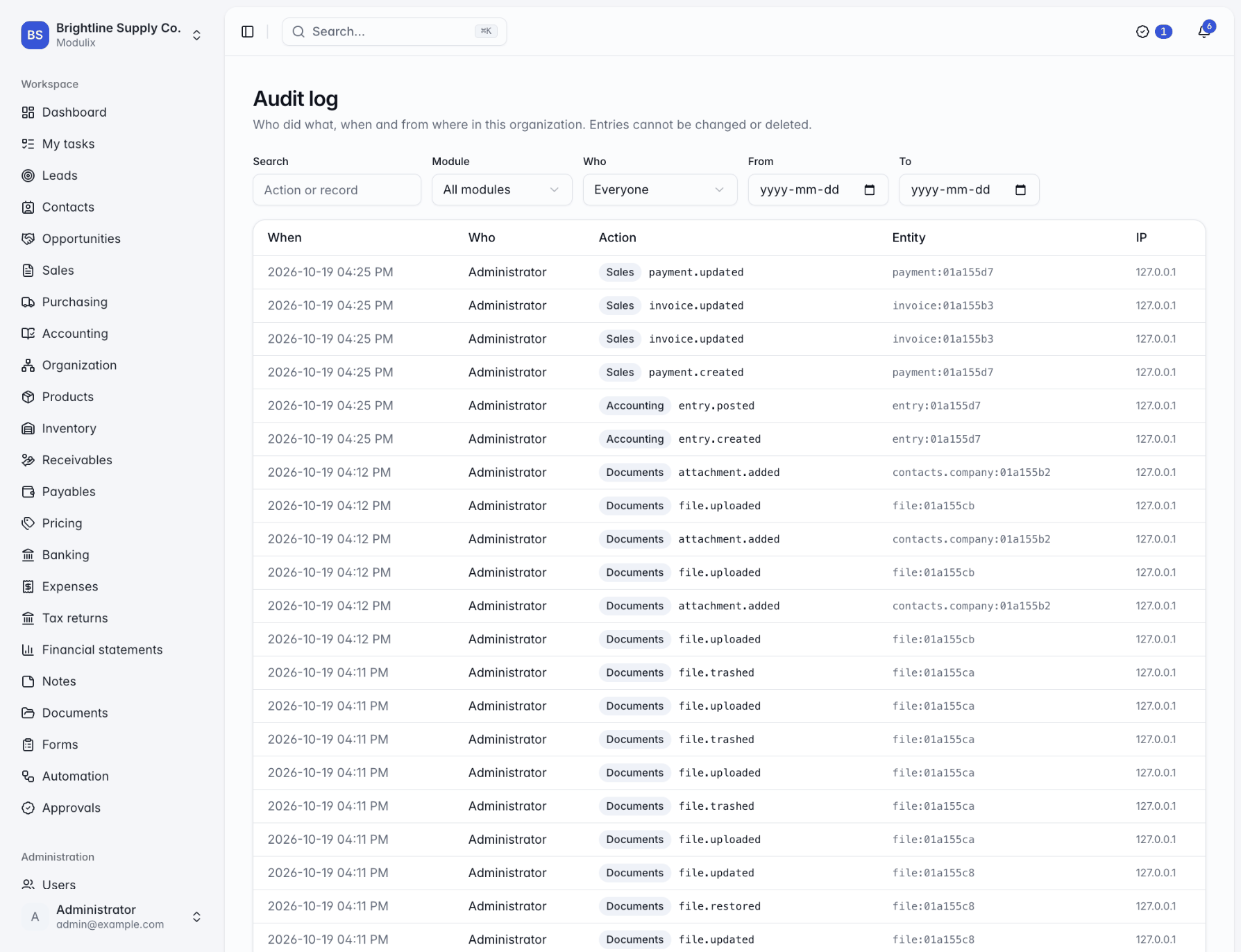 The Audit log page with filters and a table of entries showing time, person, module, action, record and IP address