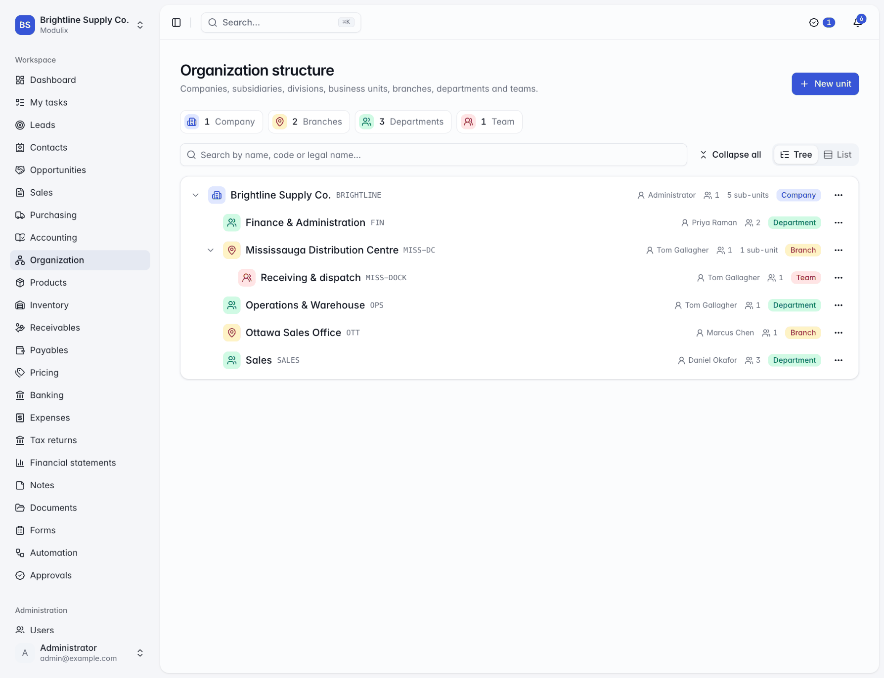 The Organization structure page with a company, its branches, departments and teams