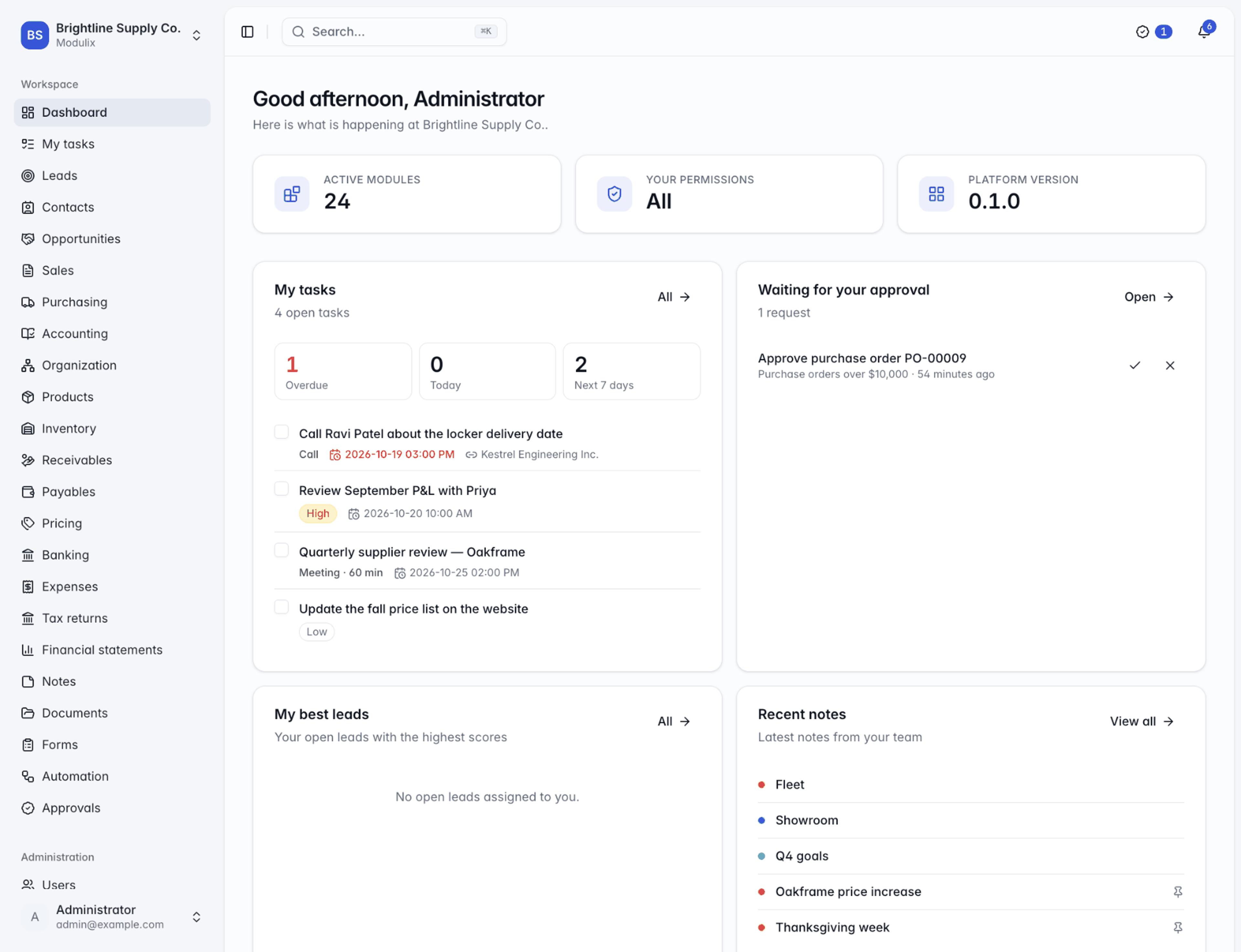 The Modulix dashboard for a demo company, with open tasks, an approval waiting and recent notes