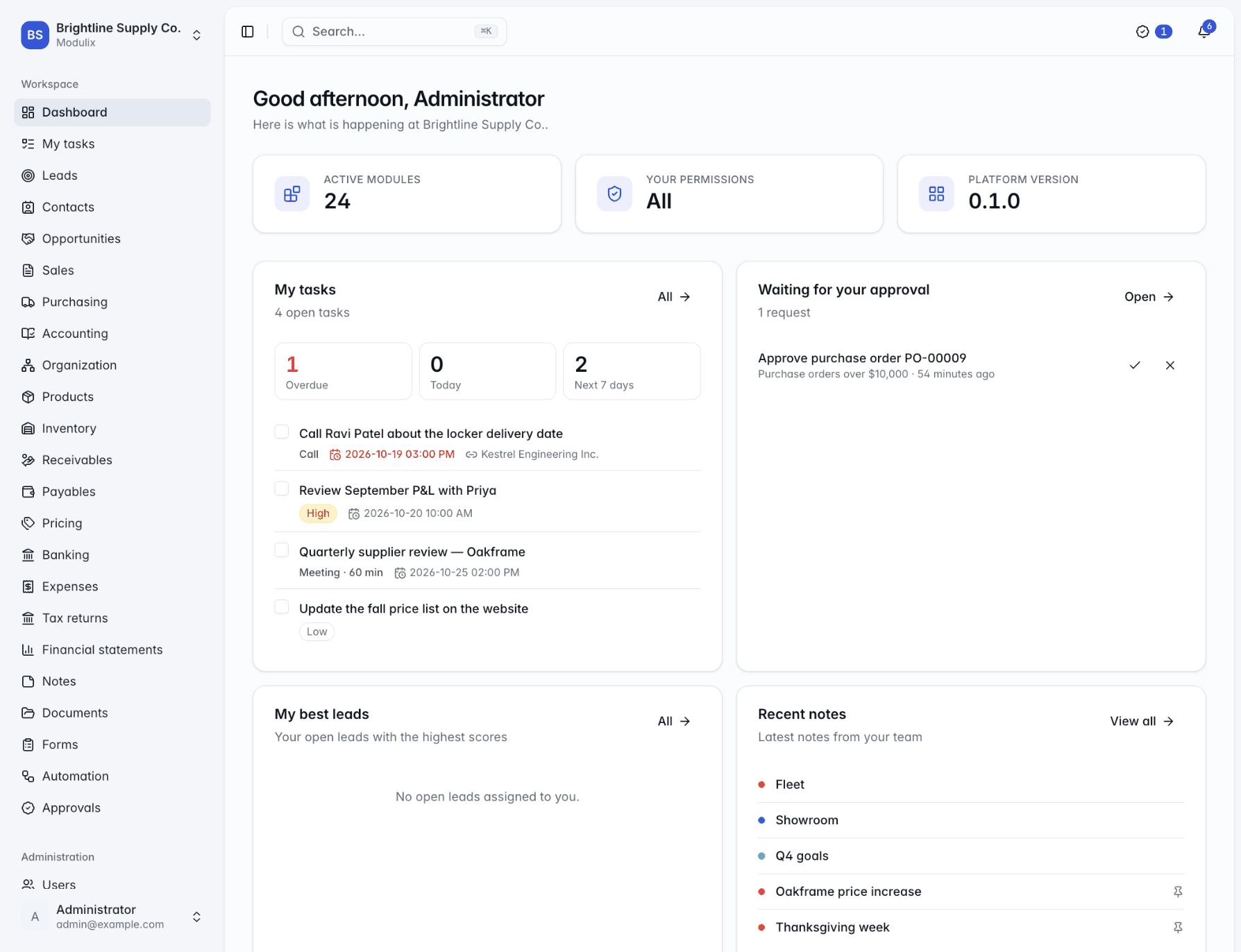 The Modulix dashboard for a demo company, with open tasks, an approval waiting and recent notes
