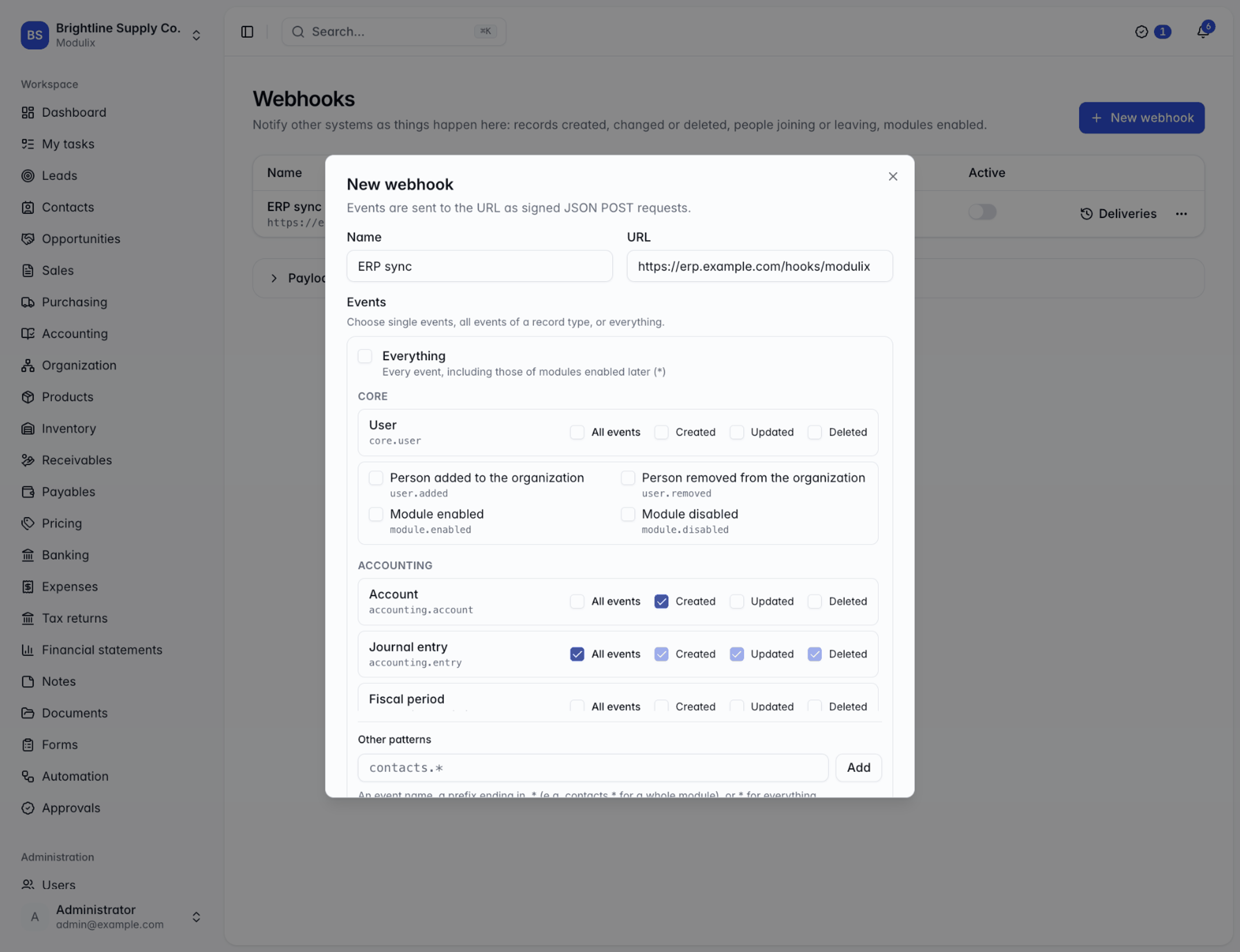 The New webhook dialog with a name, a URL and an events picker grouped by module