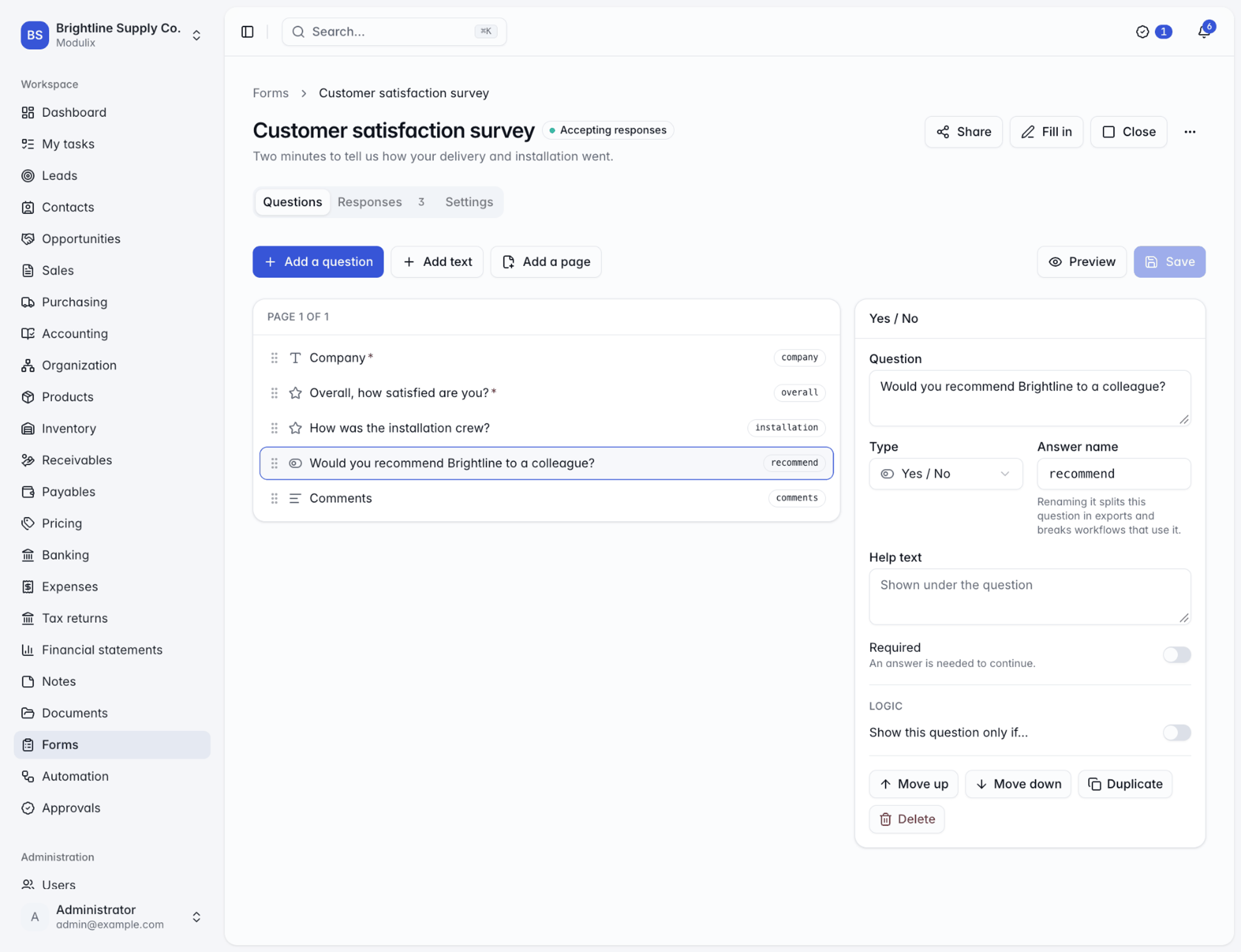 The form designer with a list of questions and the properties of the selected question