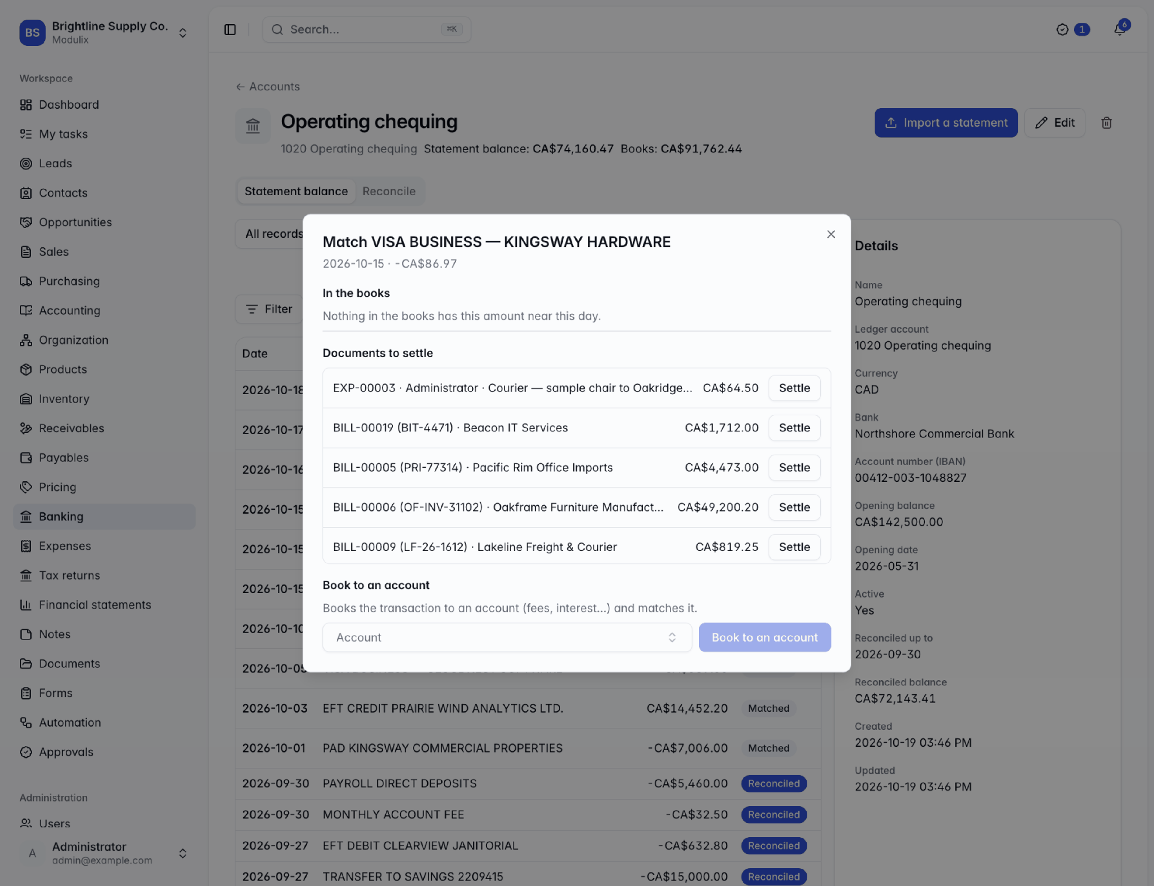 The Match dialog for a bank statement line, listing documents to settle and an option to book to an account