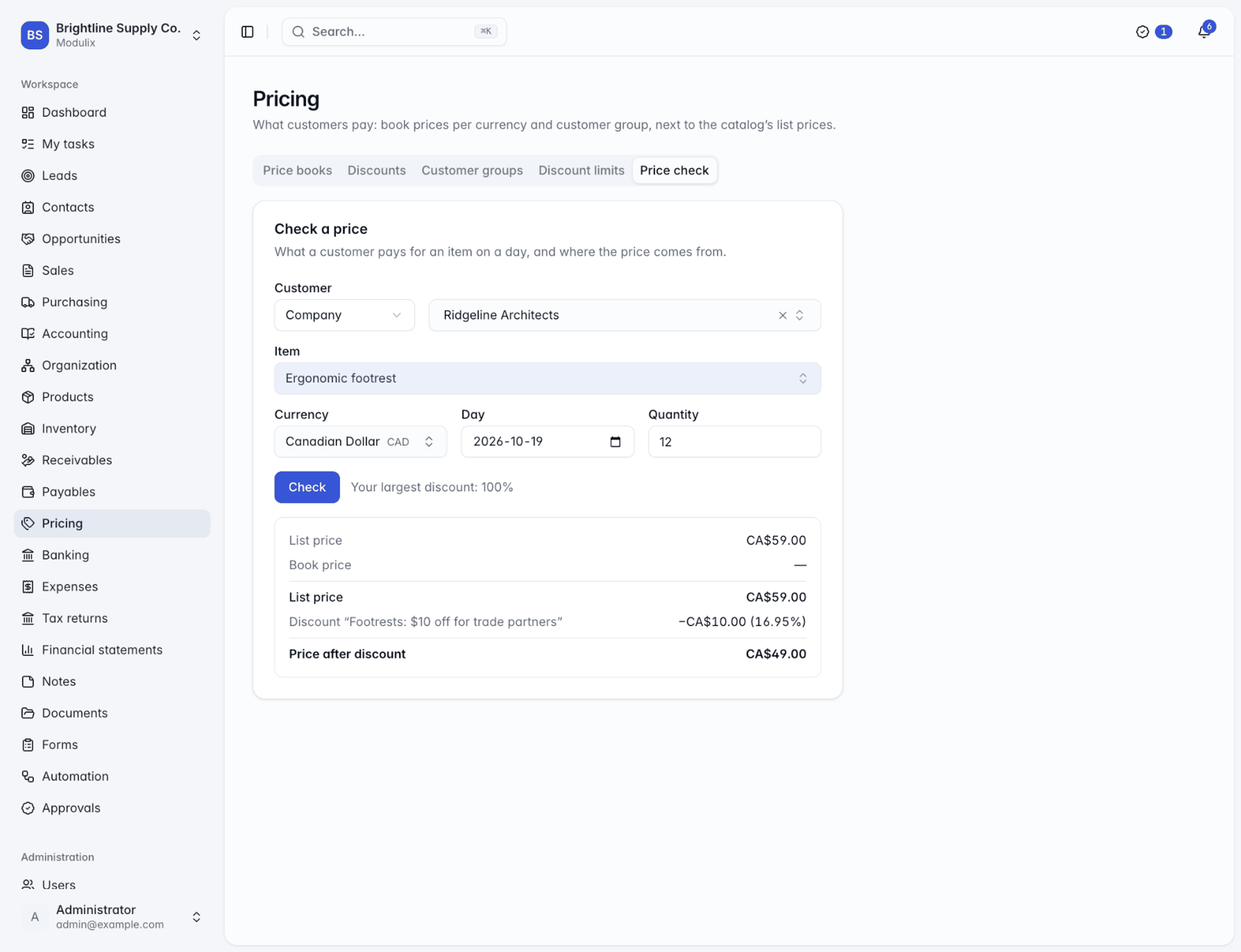 The Price check tab showing list price, discount and price after discount for a customer and quantity
