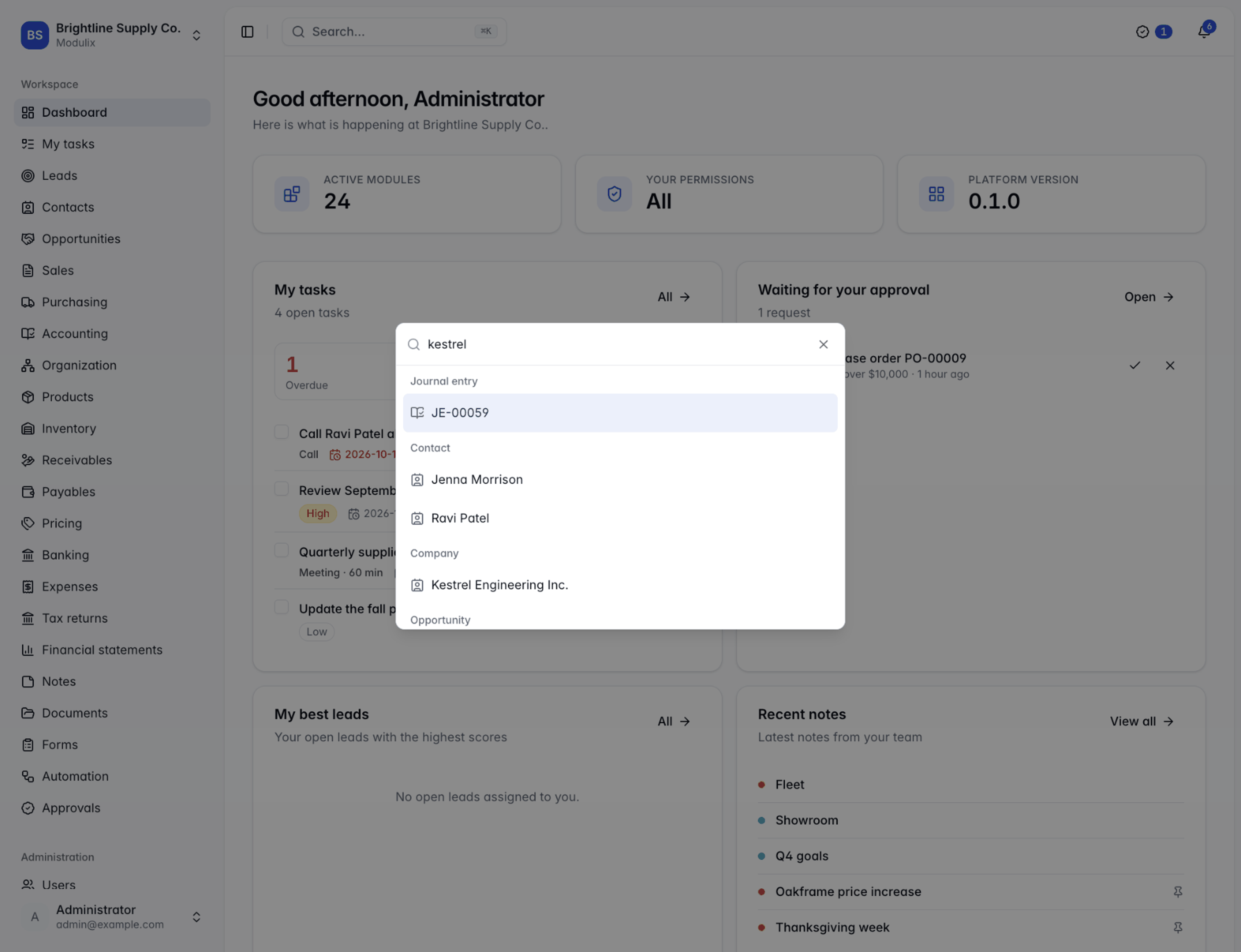 The command palette with search results grouped by record type, over the dashboard