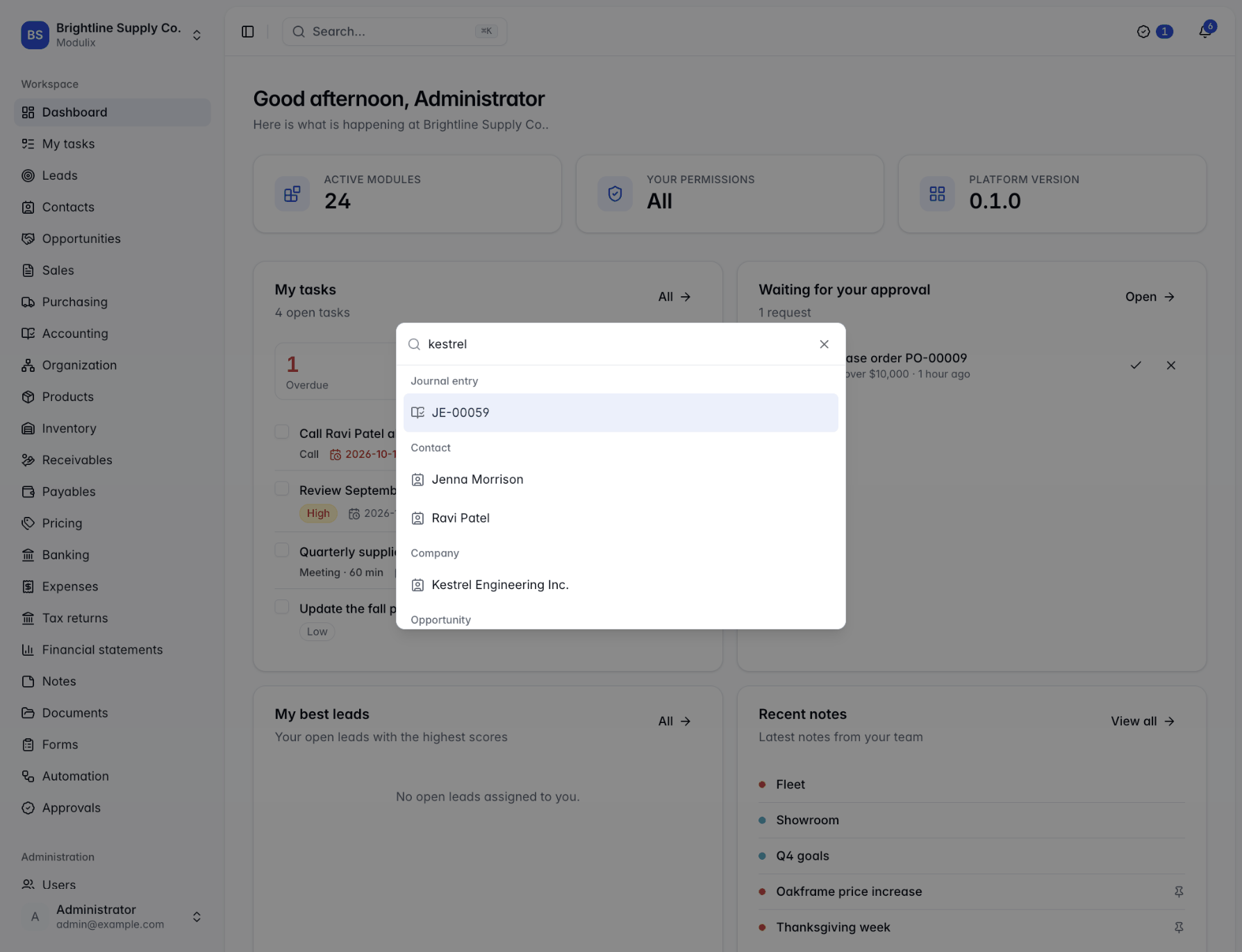 The command palette with search results grouped by record type, over the dashboard