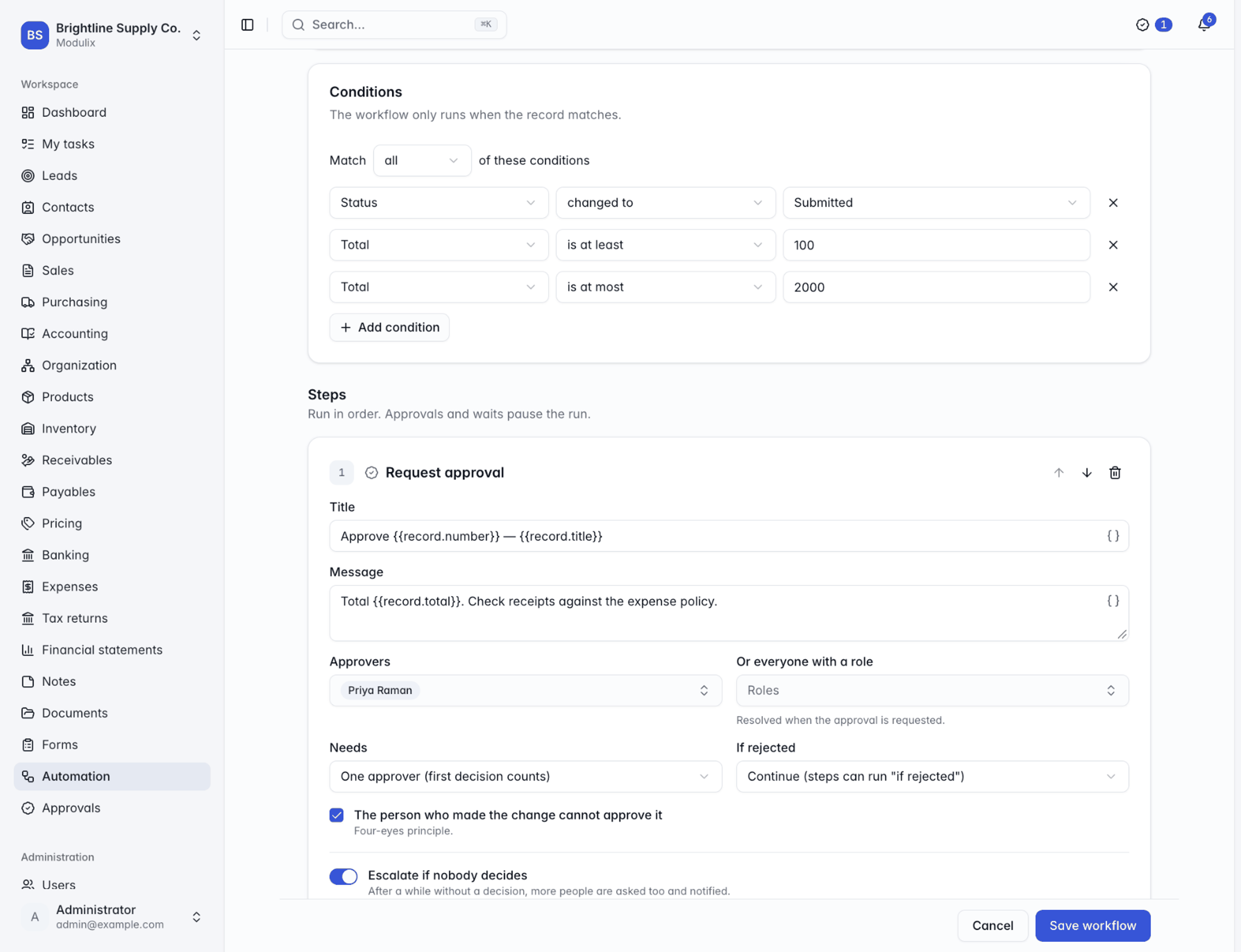The workflow editor with conditions on an expense claim and a Request approval step