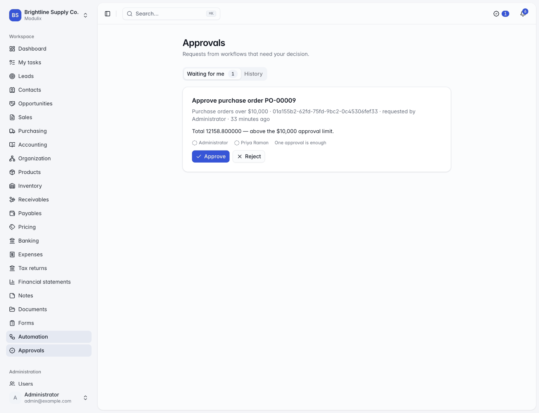 The Approvals page with a pending request and Approve and Reject buttons
