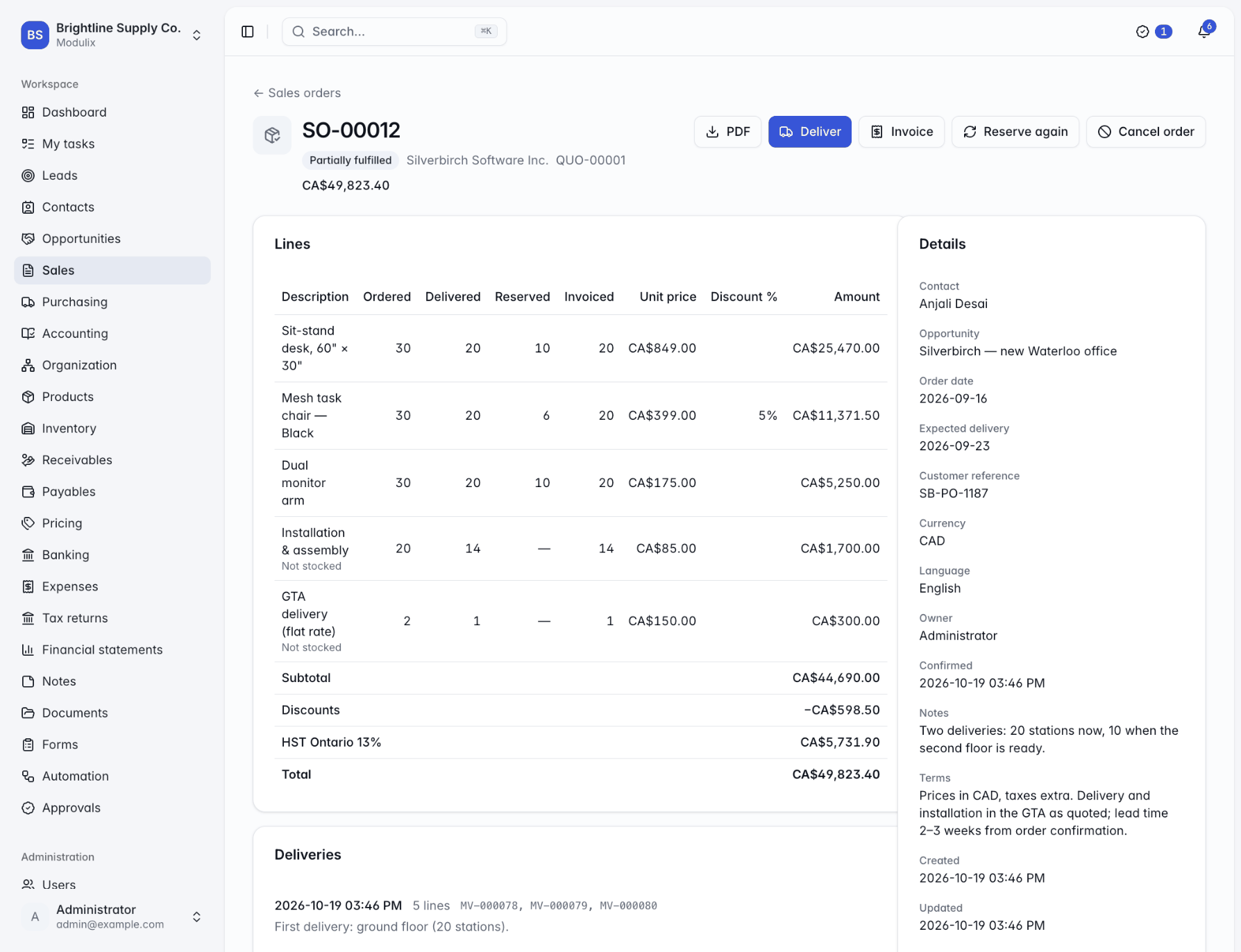 A partially fulfilled sales order showing ordered, delivered, reserved and invoiced quantities per line