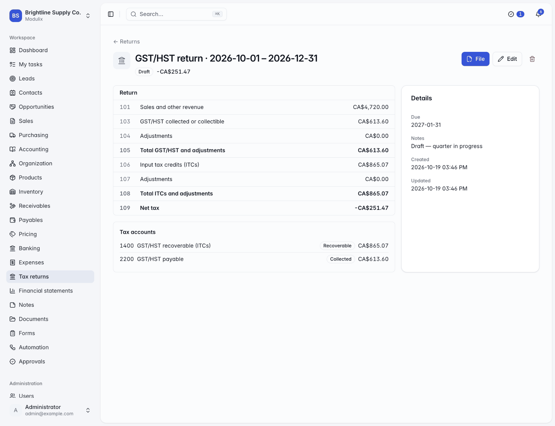 A draft GST/HST return with lines 101 to 109 and the tax accounts it closes
