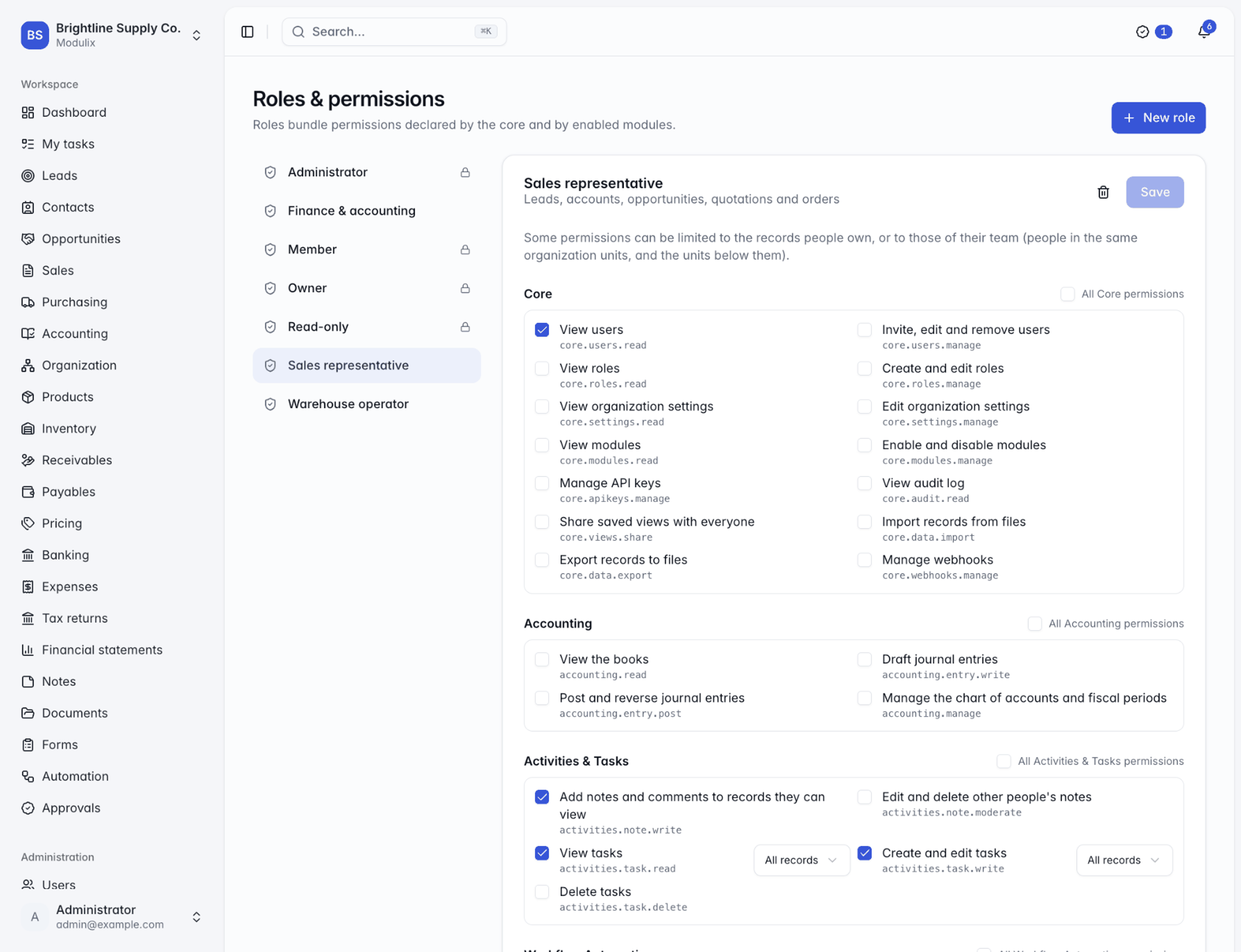 The Roles and permissions page with a custom role and permissions limited to a scope