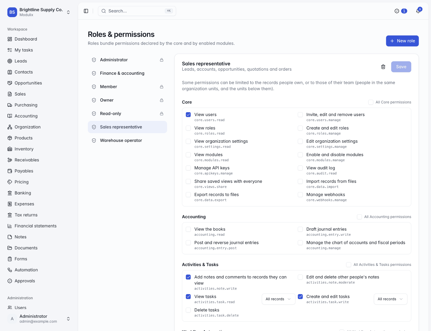 The Roles and permissions page with a custom role and permissions limited to a scope