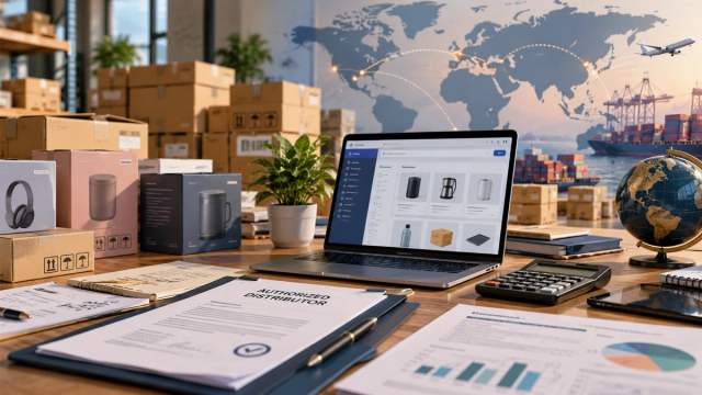 Global wholesale sourcing desk with supplier documents, product cartons and international shipping routes
