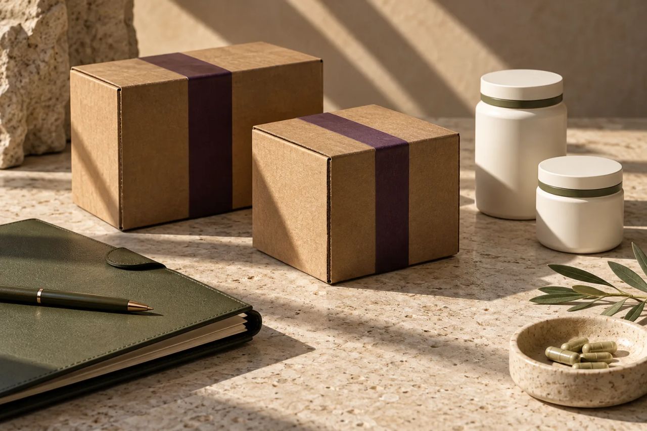 Illustrative wholesale preparation scene with neutral product cartons, packing materials and an open shipping box
