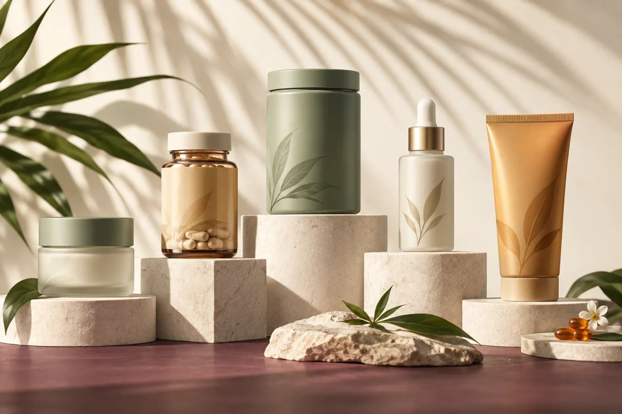 Conceptual coordinated wellness product range beside a shipping box, representing marketplace and direct-to-consumer channels