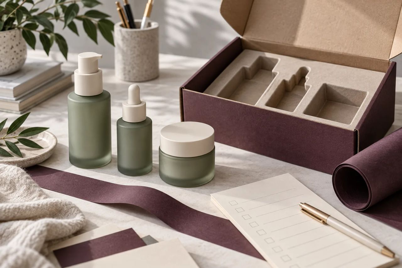 Illustrative cross-border launch workspace with a product sample, shipping cartons and a neutral planning notebook