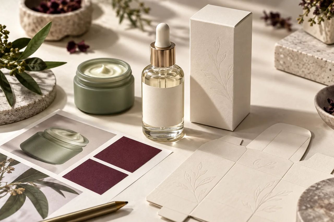 Conceptual private label development desk with sample bottles, packaging swatches and a coordinated finished product range