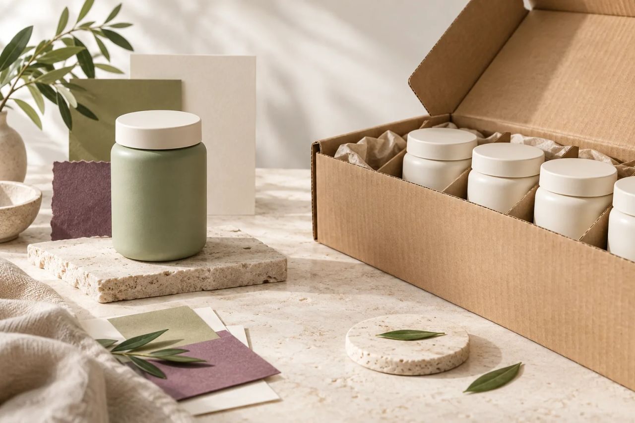 Conceptual skincare range beside wholesale cartons, illustrating two ways to build an ecommerce business