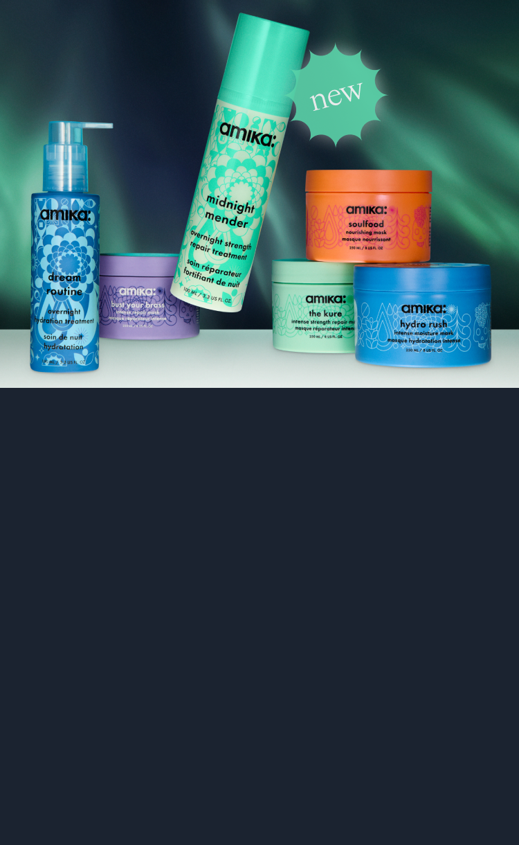 amika masks and treatments: dream routine, bust your brass mask, midnight mender, the kure mask, soulfood mask, hydro rush mask