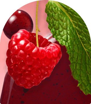 close up image of a red wine raspberry and its oil against a pink background.