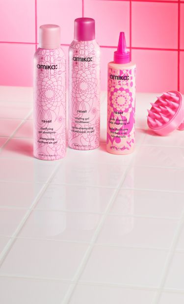amika reset collection - reset clarifying gel shampoo, cooling conditioner, and pink charcoal cleansing oil