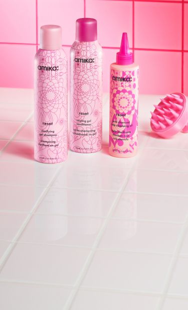 amika reset collection - reset clarifying gel shampoo, cooling conditioner, and pink charcoal cleansing oil