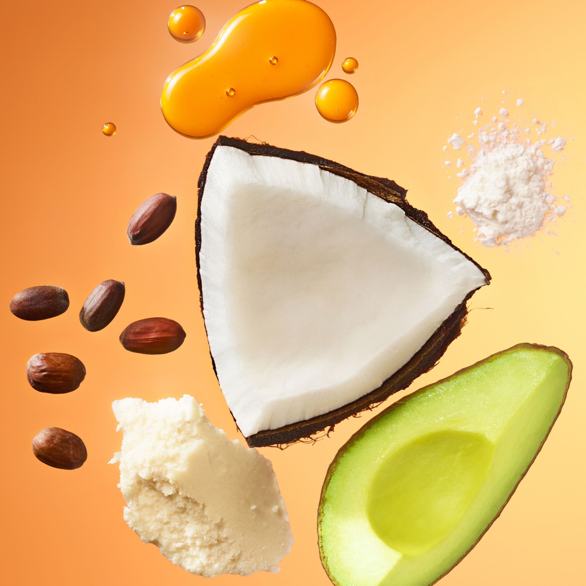 ingredient images of avocado, coconut, shea butter on an orange background