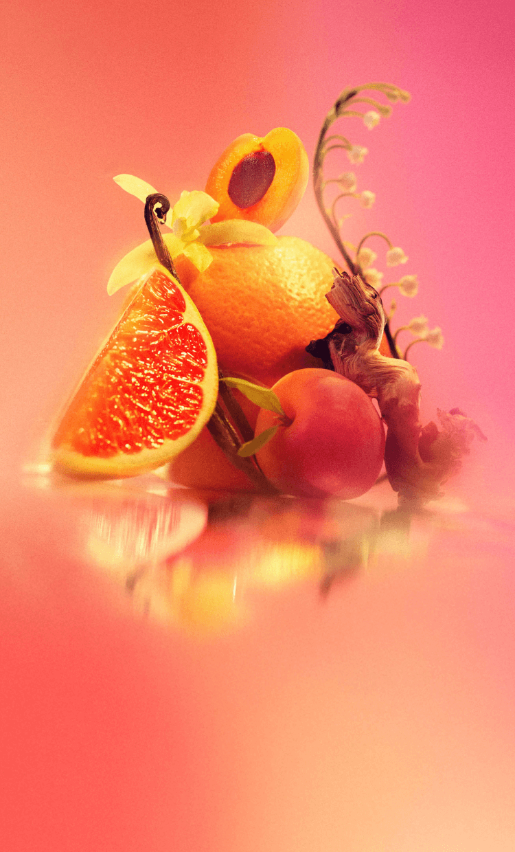 ingredient images of pink grapefruit, apricot, vanilla, lily of the valley and sandalwood on an pink background.