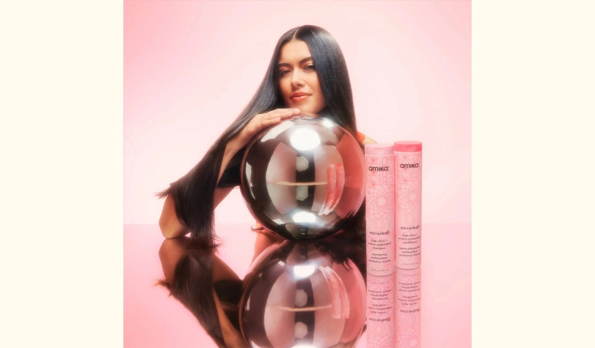 model with mirrorball high shine + protect antioxidant shampoo and conditioner