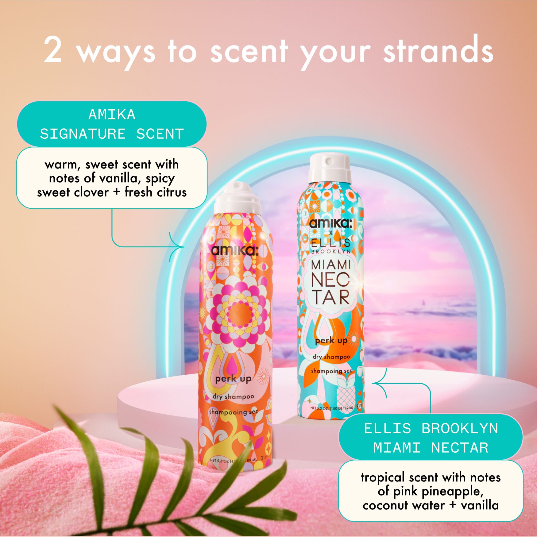an infographic image detailing the differences in the original formula perk up + limited edition MIAMI NECTAR perk up
