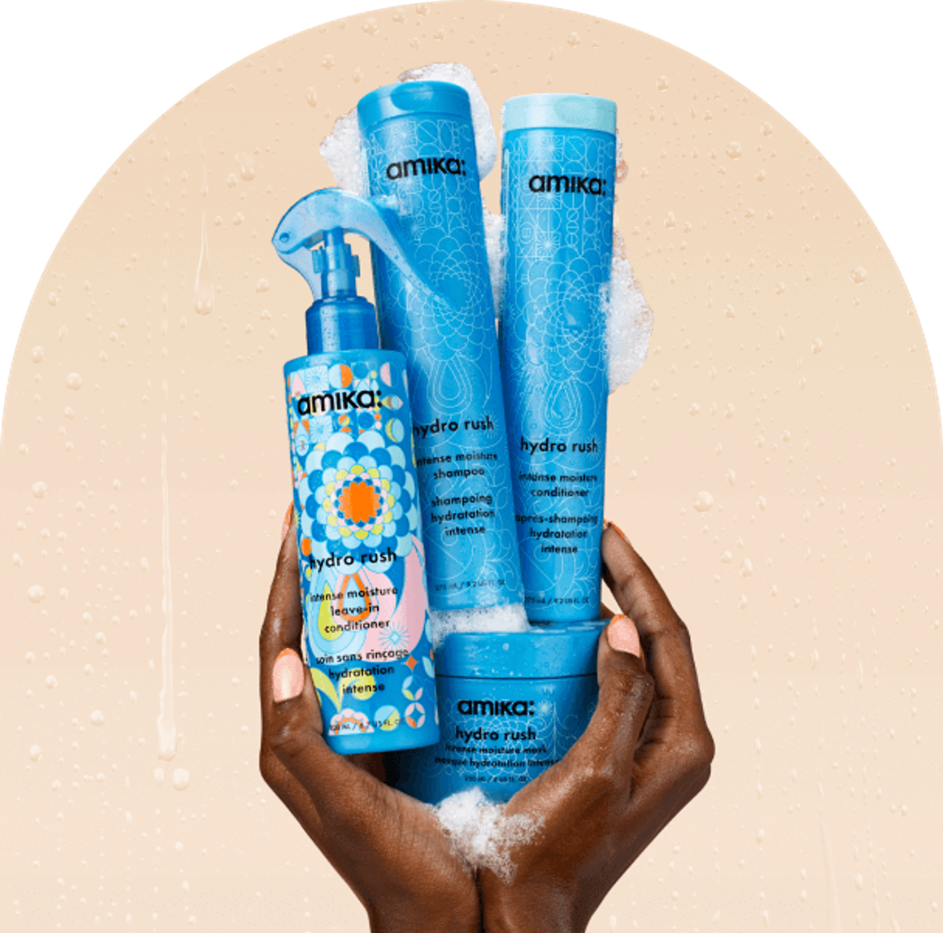 amika hydration collection hero products: hydro rush shampoo + conditioner + leave-in conditioner + moisture mask bottles