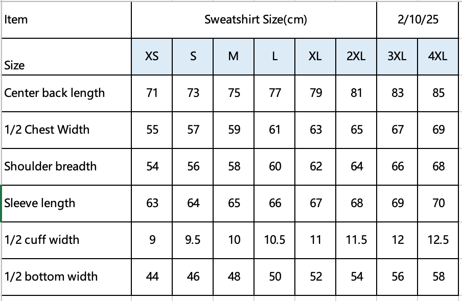 size chart for amika's sweatshirt