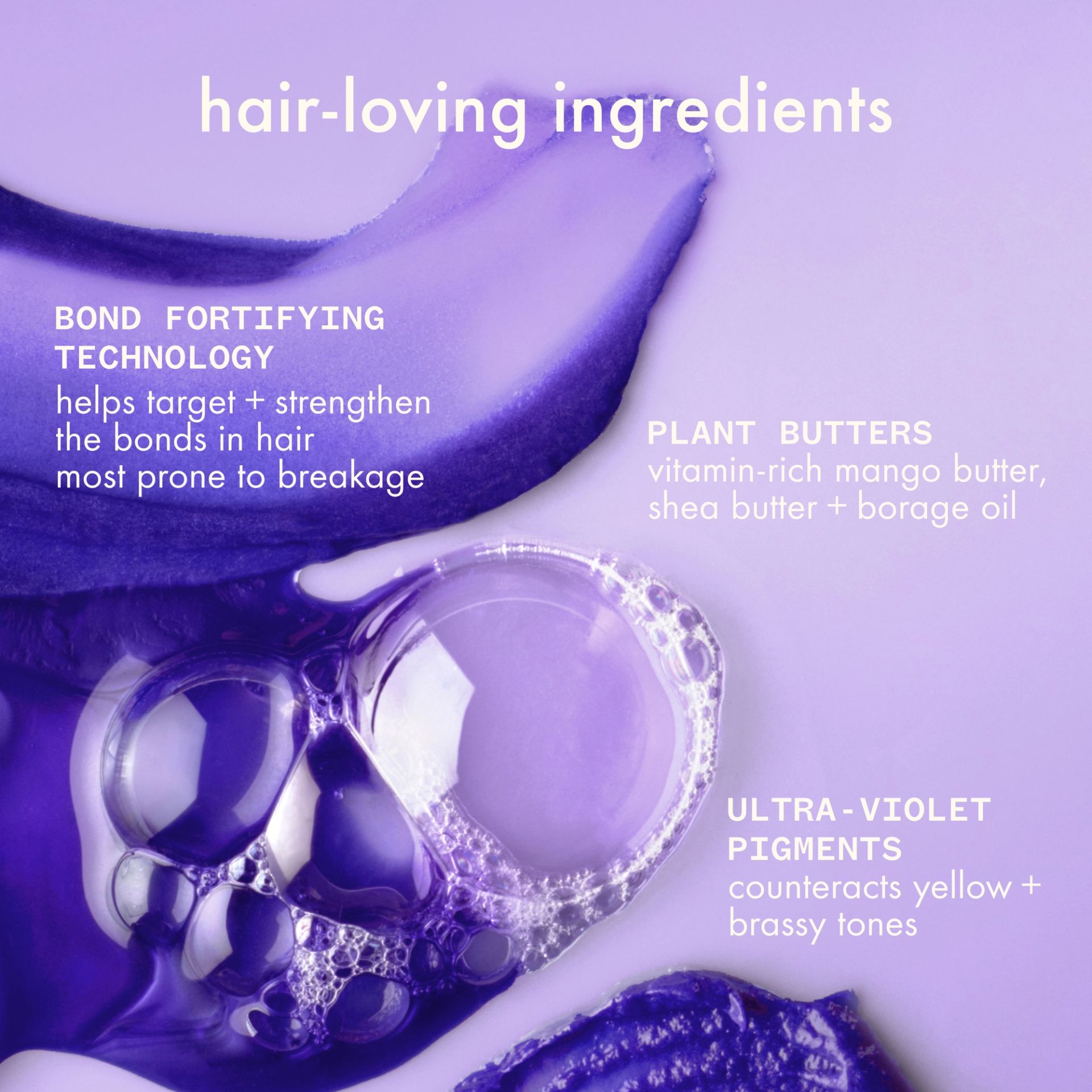 a swatch of amiak bust your brass shampoo on a purple background with text describing the ingredients