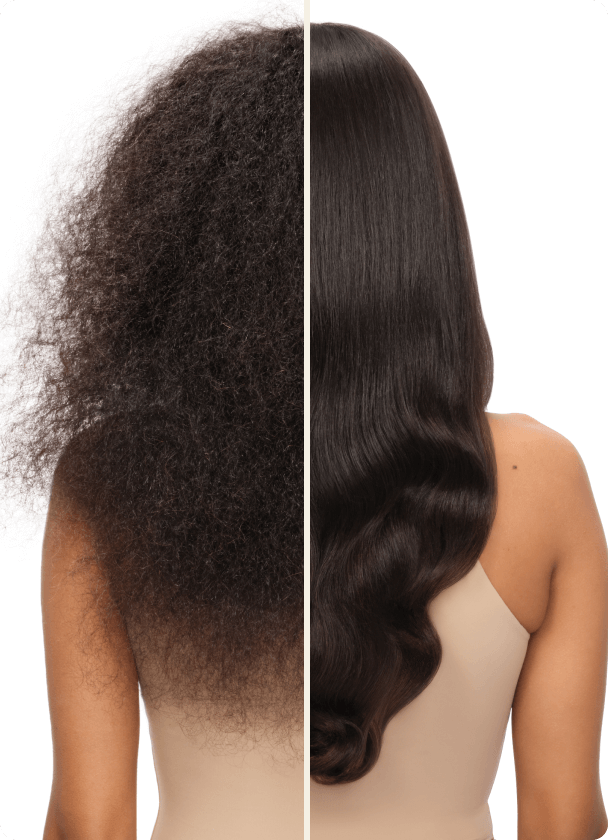 A before and after image of a model's hair. The image on the left shows a model's hair before using the NEW frizz routine, and the image on the right is after using the new routine.