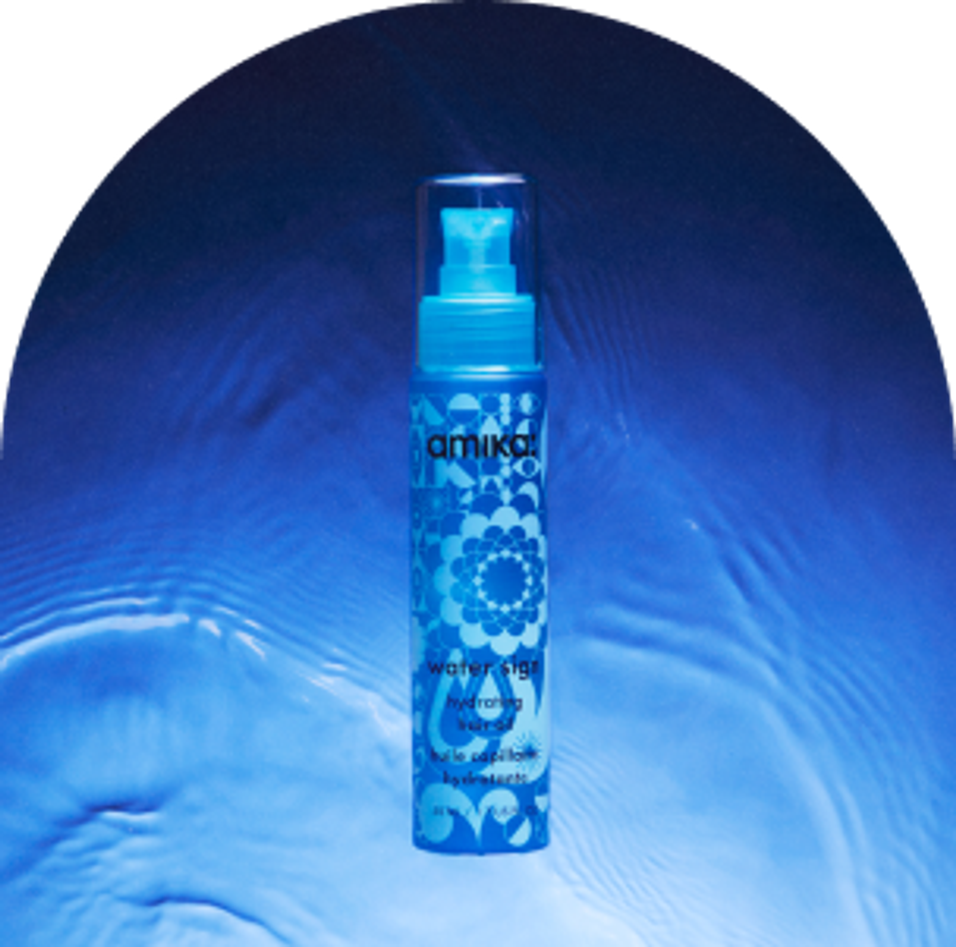 bottle of amika water sign hydrating hair oil against a blue, watery background