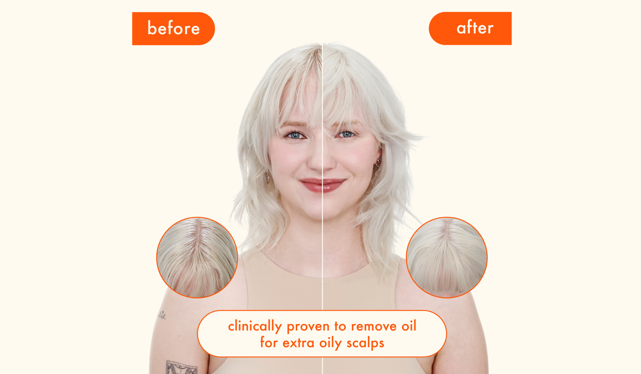 image showing a model's hair before and after using amika's perk up ultra oil control dry shampoo- clinically proven to remove oil for extra oily scalps