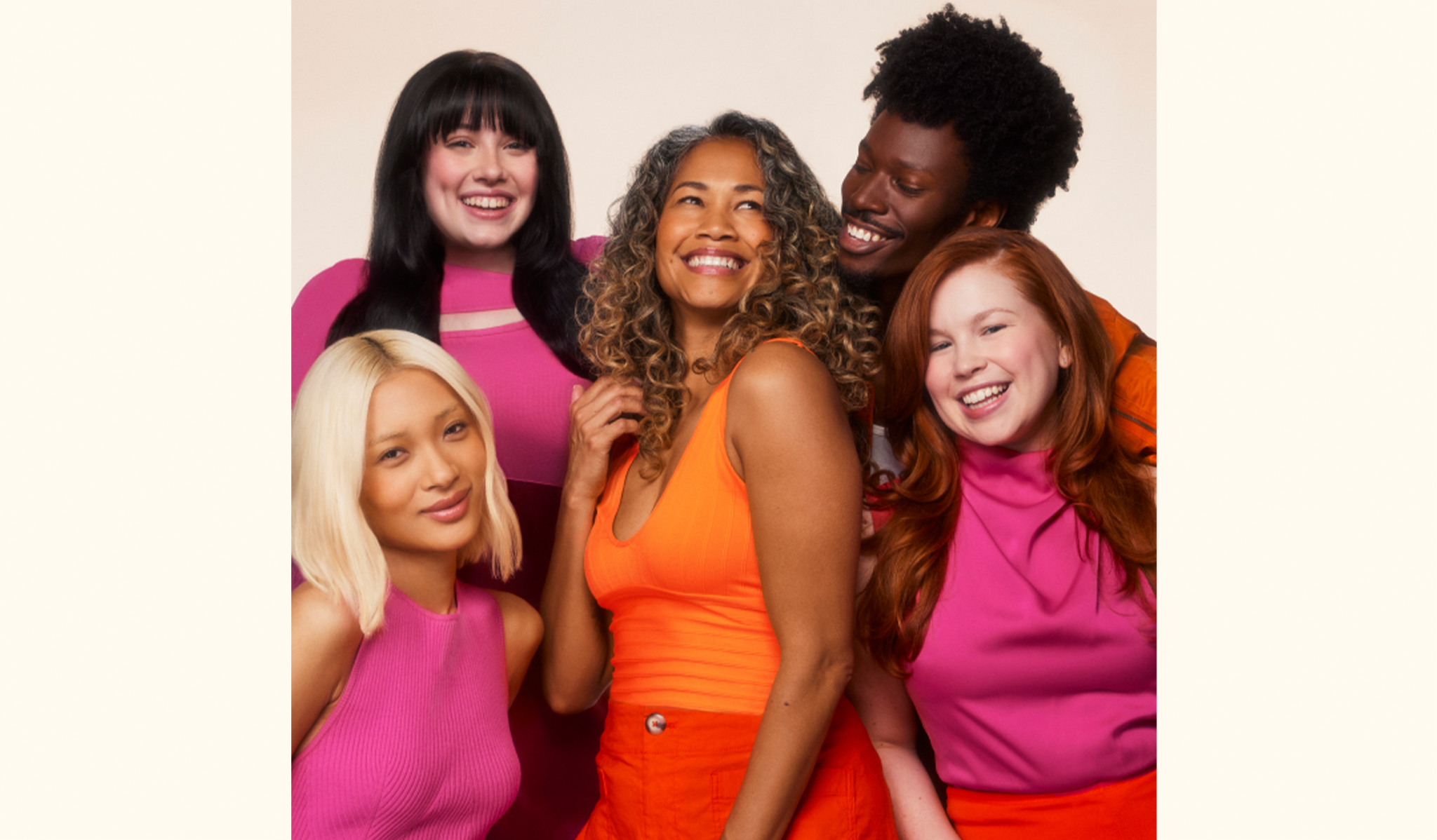 5 models dressed in orange and yellow to represent amika's about us