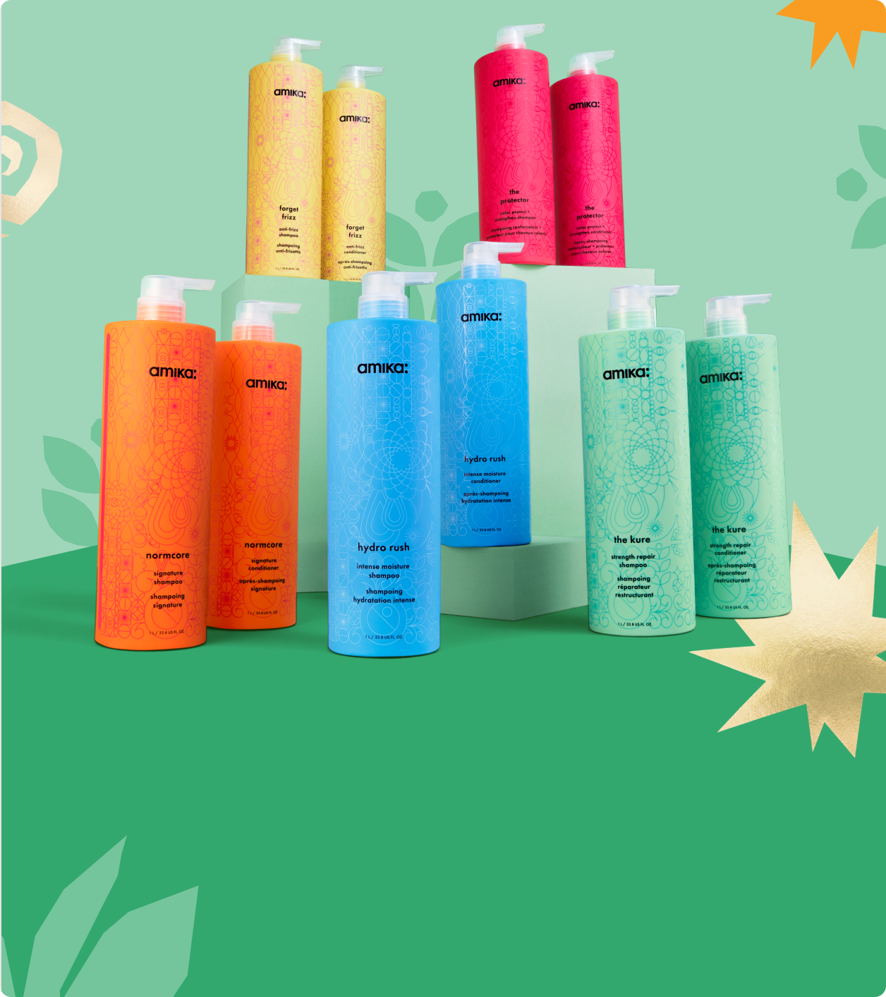 amika liter-sized bottles of shampoo and conditioner arranged against a light green and darker green patterned background