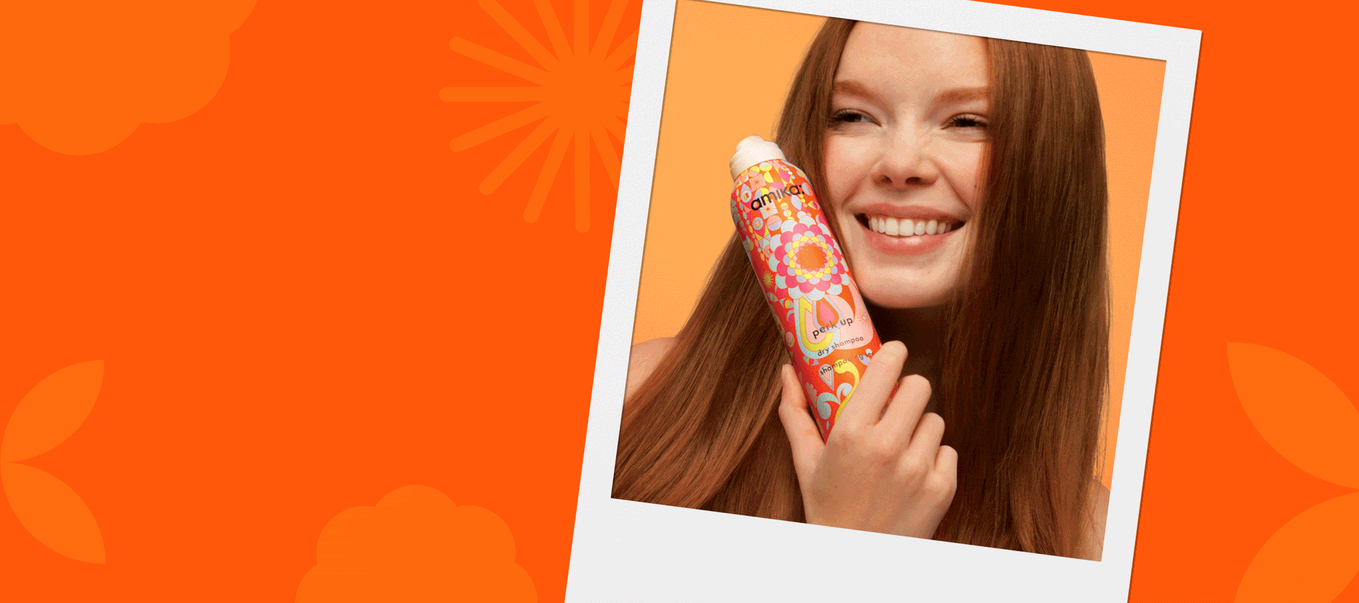 rotating gif of polaroid-style images of models holding amika products against an orange background with some lighter orange icons on it.
