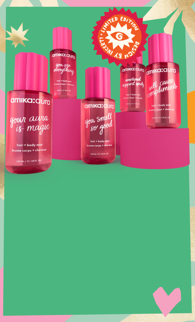 five amika:aura bottles arranged on pink pedestals against a green background with flowers and abstract shapes around the border