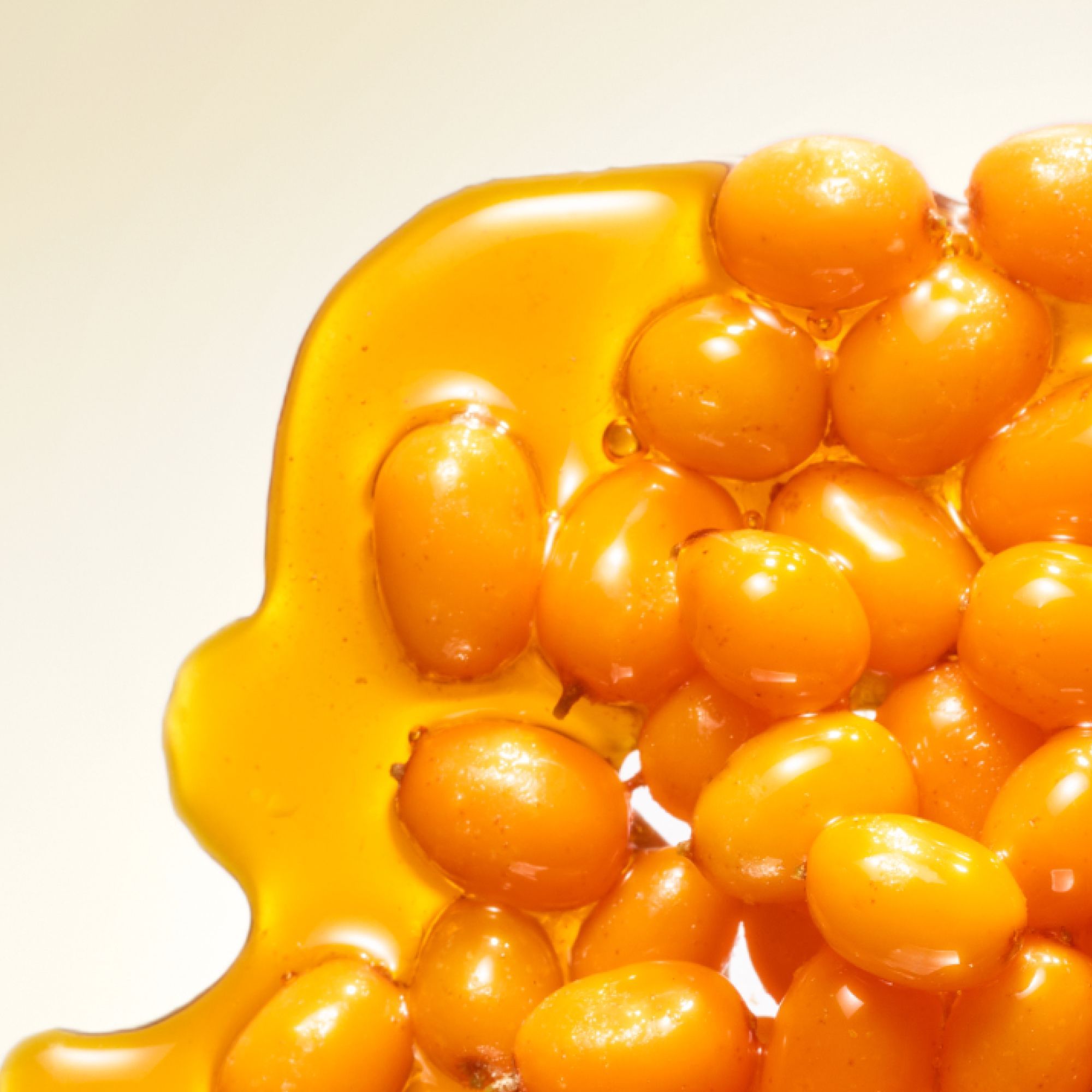 close-up image of orange sea buckthorn berries on cream background