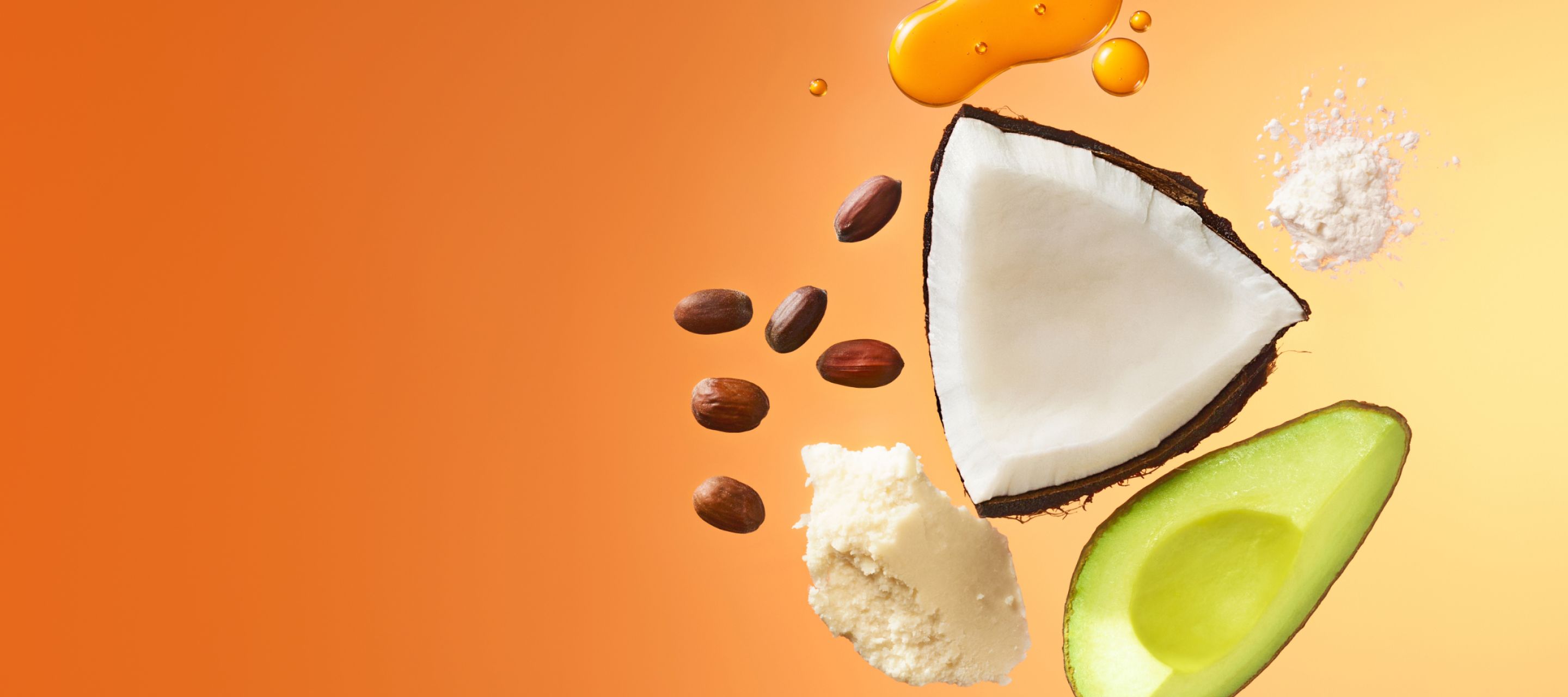 ingredient images of avocado, coconut, shea butter on an orange background