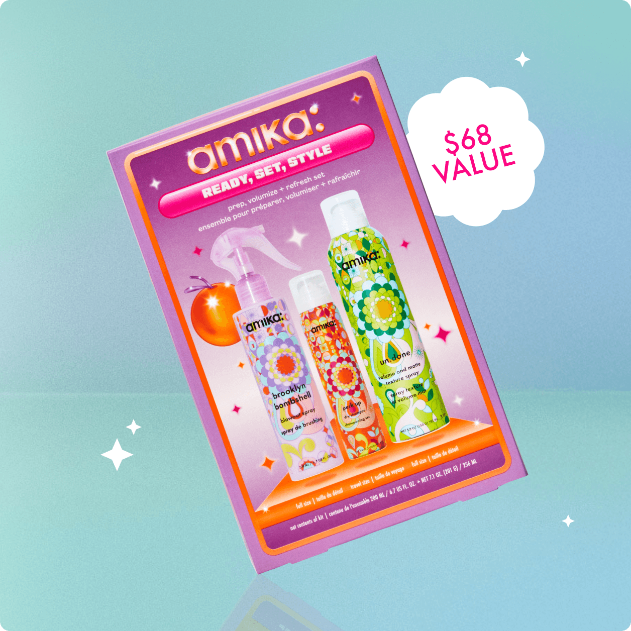 amika ready, set, style gift set against a light blue background